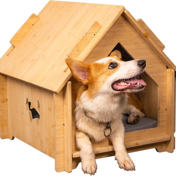 Bamboo Dog House Indoor for Small Dog. Sturdy Cat Bed House Indoor with Air Vents for Small to Large Sized Cats