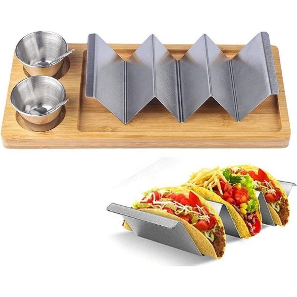 Wholesale Stainless Steel Taco Stand Holder With Bamboo Tray Set Taco Tuesday With Two Sauce Holders and Two Spoons
