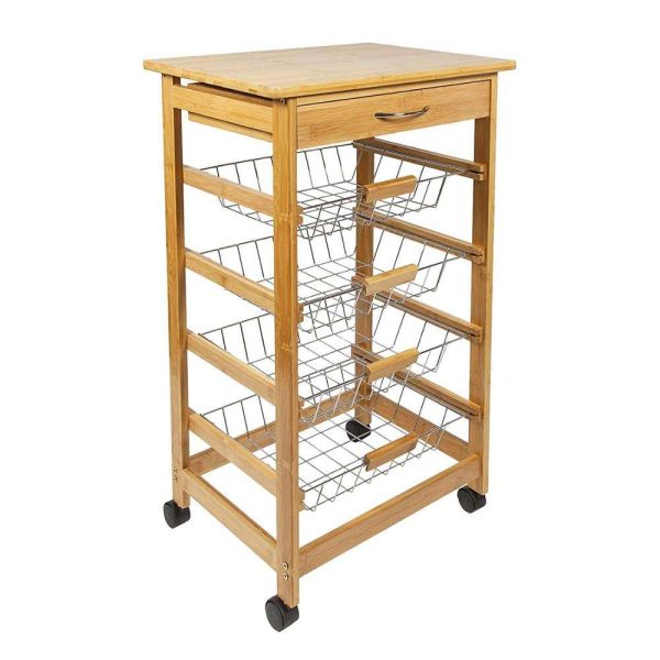 4-tier Multi-functional Wooden Kitchen Food Storage Shelf Dinner Serving Island Rolling Trolley Cart With Metal Basket
