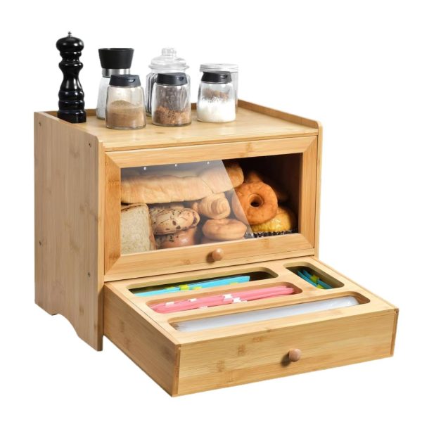 Large Bamboo Bread Box with Window Kitchen Organizer and Storage Bags for Farmhouse Bread Food Use