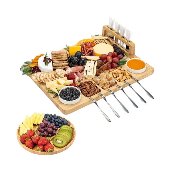 Supplier Kitchen Bamboo Cheese Board and Knife Set Wood Charcuterie Board Set Wooden Cheese Platter Board