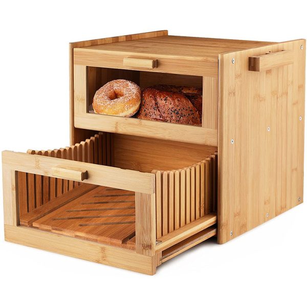 2-in-1 Large Double Bamboo Bread Box with Integrated Bamboo Slicer for Storing and Serving Food