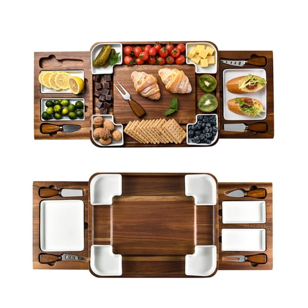 New Arrival Square Shaped Charcuterie Set Cheese Platter  with Slide Out Drawer Knife Set Black Walnut Wood Cheese Board