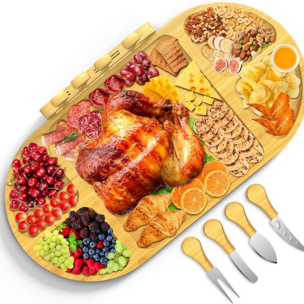 Charcuterie Bamboo Cheese Boards.Extra Big Bamboo Cheese Board with Knife for Entertaining.Wedding Gifts.House Warming Gifts