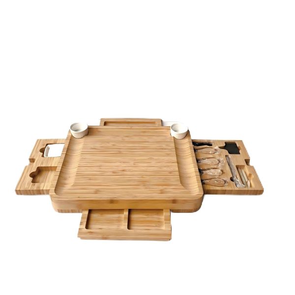 Large Bamboo Cheese Cutting Board Set with Hidden Slide Drawers Square Wood Charcuterie Platter Disposable Features Knife Set