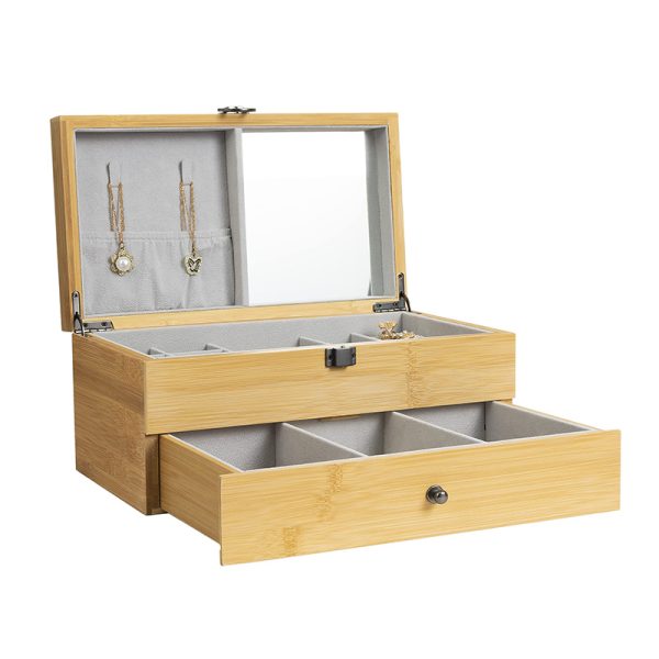 Custom Logo High-end Bamboo Wooden Jewelry Box for Ring Gift Storage With Mirror