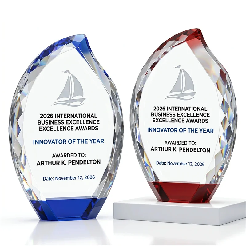 Crystal award trophy in flame-shaped clear designs with blue and red accents