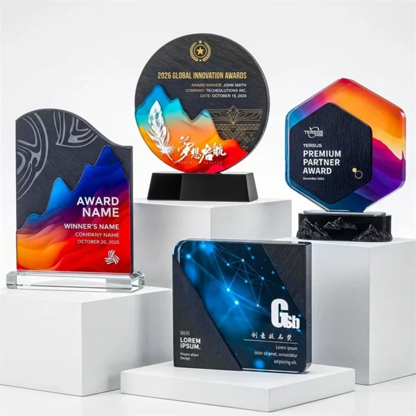 Custom crystal awards combining colorful printed crystal and marble bases in six designs