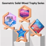 Custom shaped crystal trophies with beech wood geometric frames in six styles