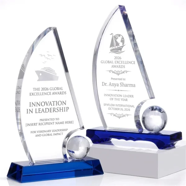 Engraved crystal trophy sail awards with globe accents and blue crystal bases