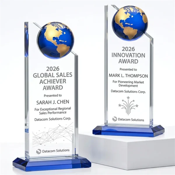 Global award crystal trophy with blue globe top and clear column body