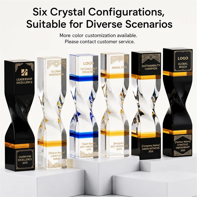 Six twisted crystal trophy configurations in black, clear, gold and blue