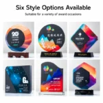 Six crystal and marble award style options with round square and hexagonal forms