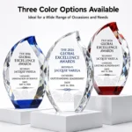 Flame-shaped crystal awards in blue clear and red color options