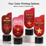 Four red colour-printed crystal trophy designs with star and flag artwork