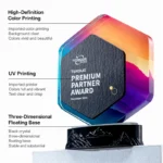 Hexagonal crystal award showing HD color printing UV printing and floating base