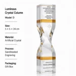 Clear crystal column Model D with gold accent bands, 5 × 5 × 24 cm
