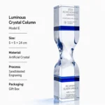Clear crystal column Model E with blue accent bands, 5 × 5 × 24 cm