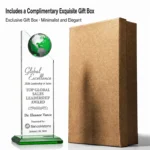 Green globe crystal award with champagne-colored gift box