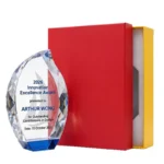 Blue-accent flame crystal award with red gift box
