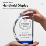 Handheld arc-shaped crystal award with blue base