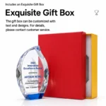 Blue-accent crystal award with customizable gift box packaging