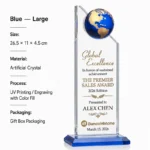 Blue large globe crystal trophy 26.5 × 11 × 4.5 cm
