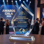 Faceted crystal innovation award displayed at a corporate awards gala