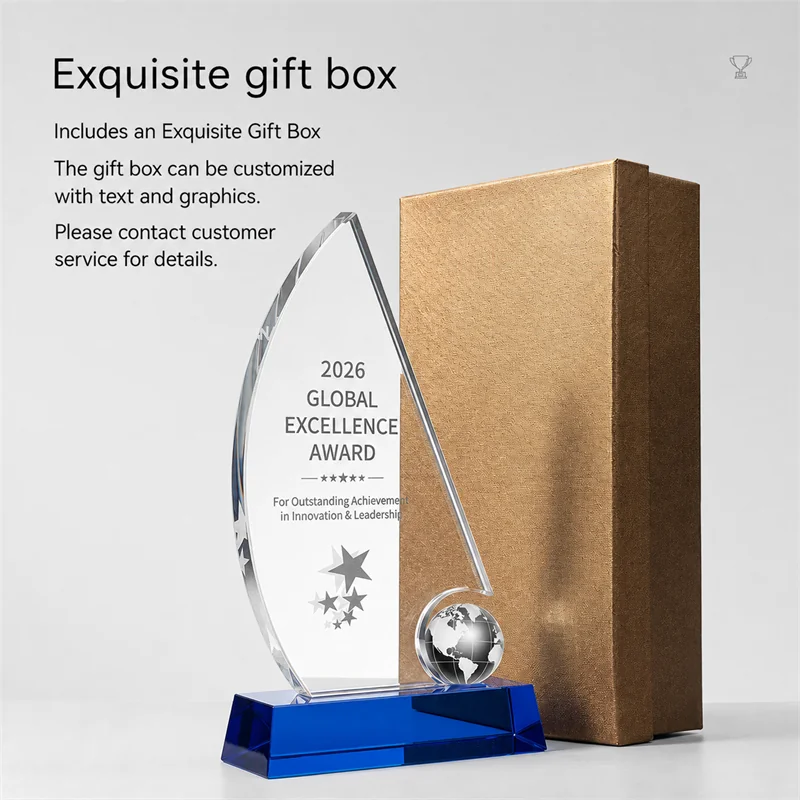 Sail crystal award with customisable champagne-coloured presentation box