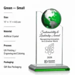 Green small globe crystal trophy 17 × 11 × 4.5 cm