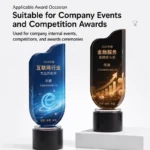 Blue and gold crystal trophies for company events and competition awards