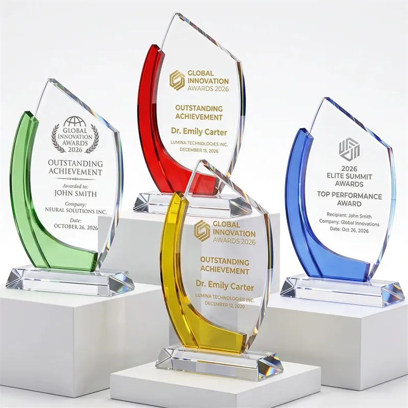 Coloured crystal awards trophies in four colours