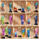 Corporate crystal awards collection with multiple annual event trophy designs