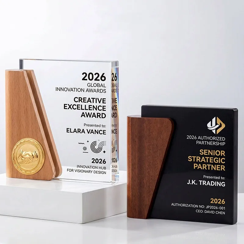 Custom crystal award plaque with wood support