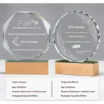 Custom octagon and sunflower crystal awards with wood bases