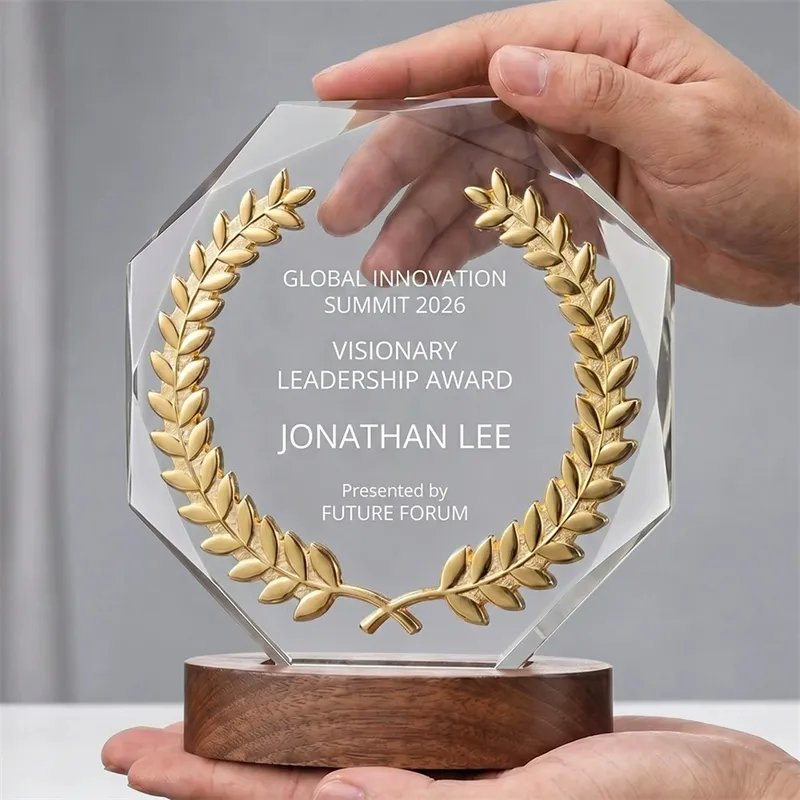 Octagon crystal award with gold wheat metal detail and round wood base