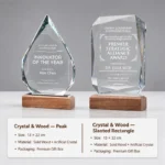 Peak and slanted rectangle crystal awards with wood bases