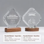 Rounded diamond crystal awards with square and round wood bases