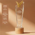 Soaring Forward crystal award with gold eagle and wood base 8 × 28.5 cm