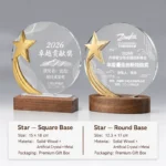 Star crystal awards with gold metal accents and wood bases