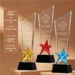 Starry Heights crystal awards in 25 27 and 29 cm sizes with coloured star bases