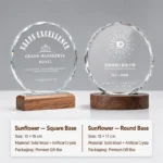 Sunflower crystal awards with square and round wood bases